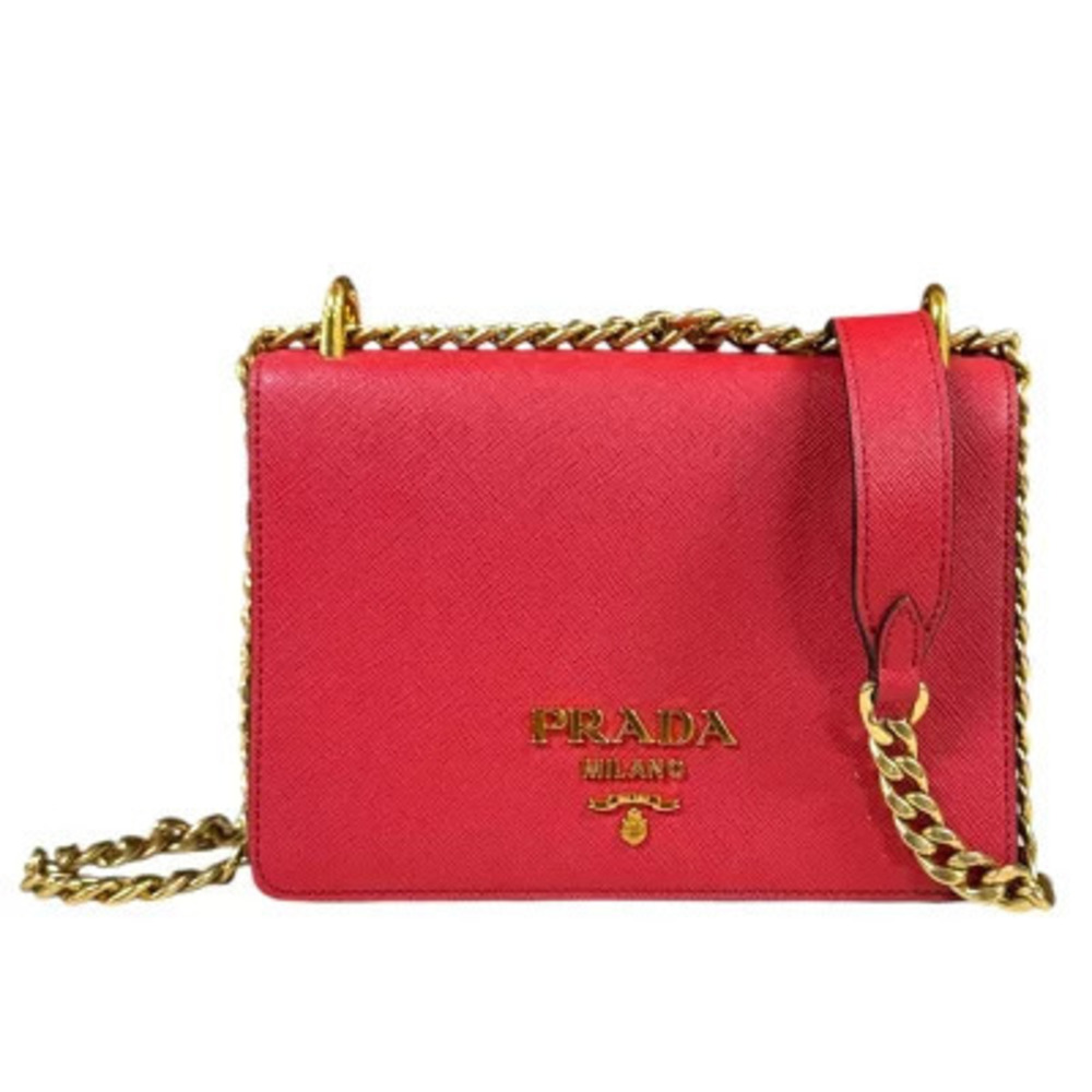 Prada Saffiano Shoulder Bag Leather Red Chain